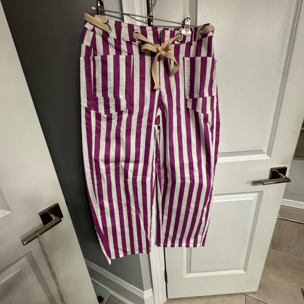 Striped Wide Leg Crop Pants in White and Purple